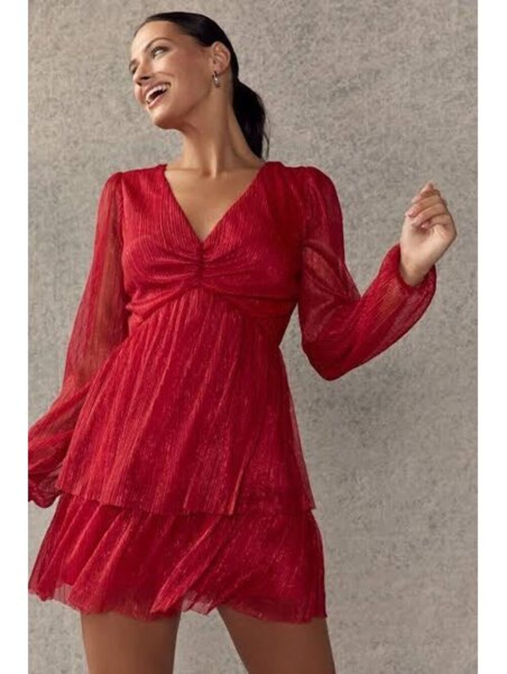 Francesca's Red Metallic Shimmer Pleated Tiered Mini Dress M